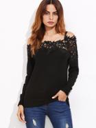 Shein Black Embroidered Lace Trim Cold Shoulder Sweater