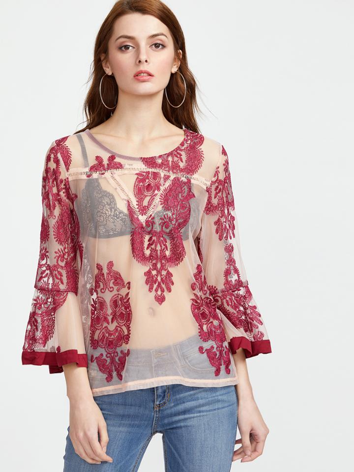 Shein Lace Insert Flute Sleeve Embroidered Mesh Top