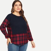 Shein Plus Contrast Plaid Curved Hem Tee