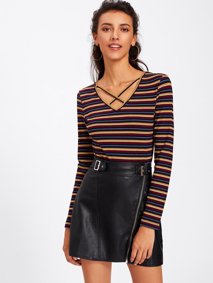 Shein Crisscross V Neck Striped Tee