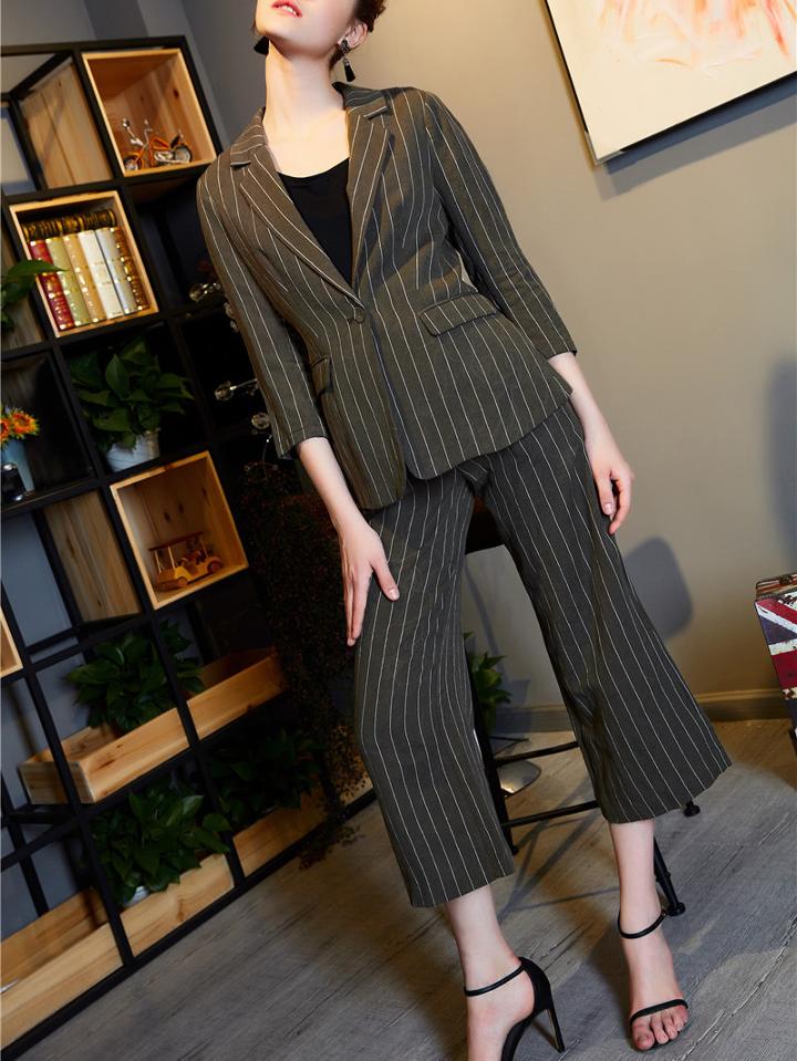 Shein V Neck Blazer Top With Striped Pants