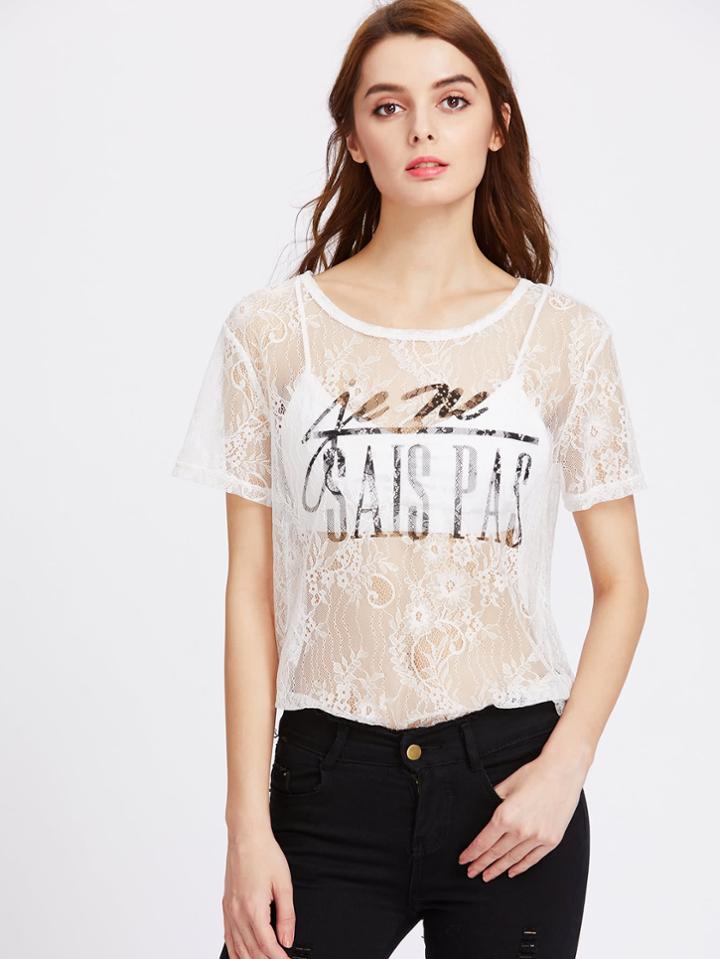 Shein Letter Print Floral Eyelash Lace Top