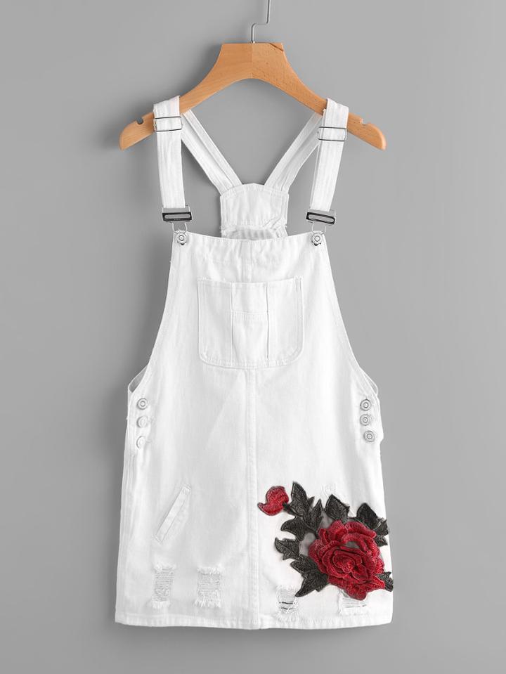 Shein Ripped Embroidered Applique Denim Overall Dress