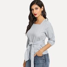 Shein Self Tie Waist Checked Blouse