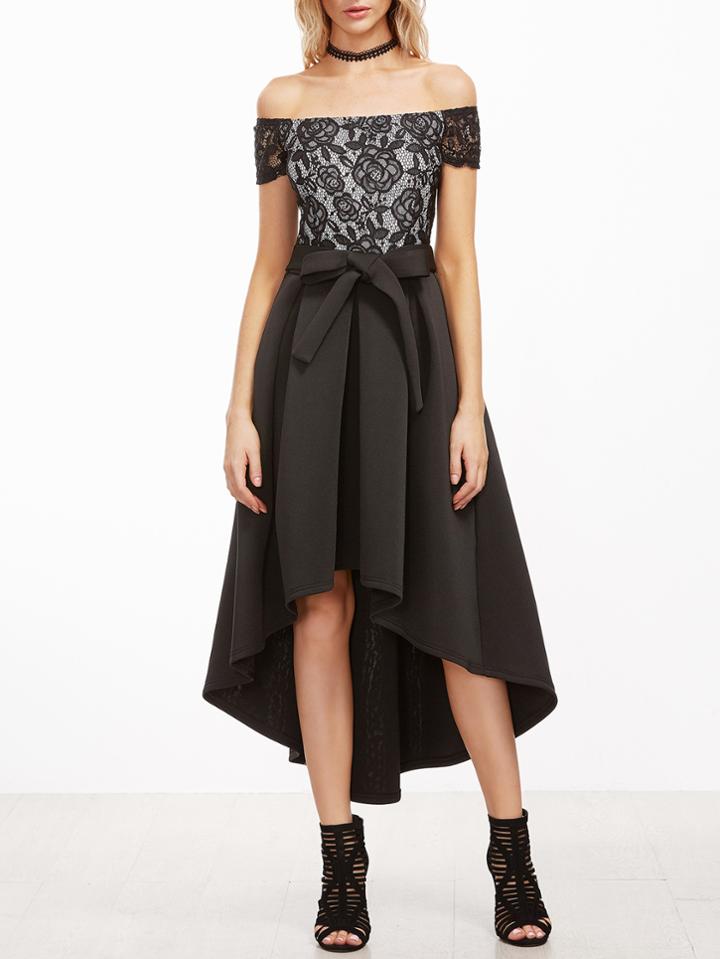 Shein Black Off The Shoulder Lace Top Pleated High Low Dress