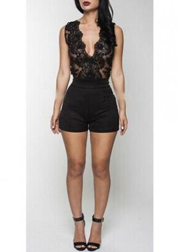 Rosewe Lace Splicing V Neck Sleeveless Romper