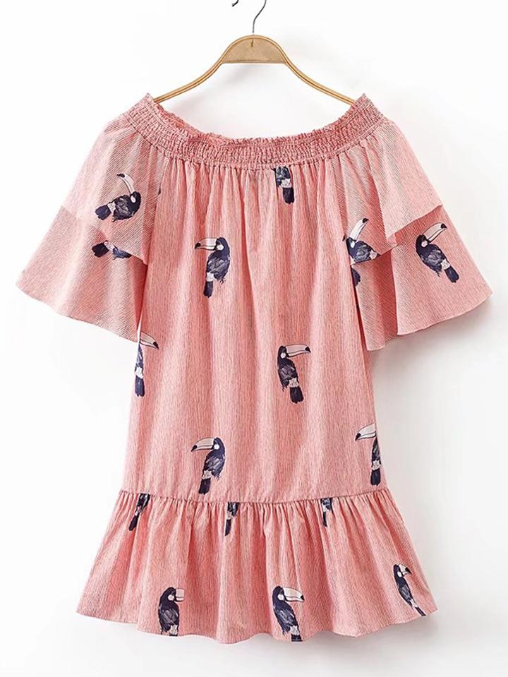 Shein Boat Neckline Layered Sleeve Ruffle Hem Dress