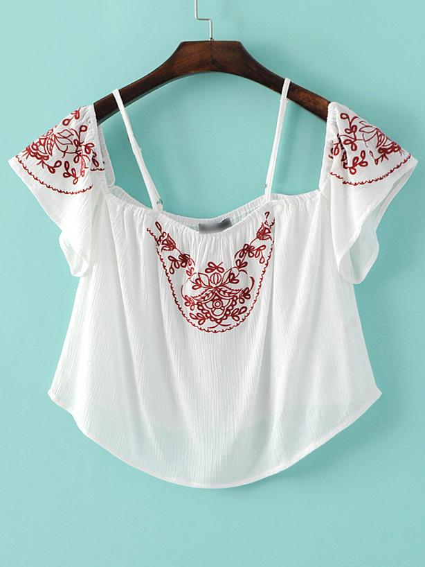 Shein White Cold Shoulder Embroidery Crop Blouse
