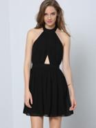Shein Black Halter Sleeveless Cut Out Pleated Dress