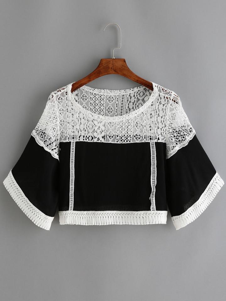 Shein Colour-block Round Neck Lace Crop Blouse