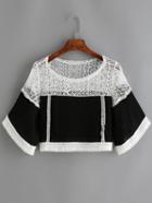 Shein Colour-block Round Neck Lace Crop Blouse