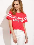 Shein Red Letters Print Short Striped Sleeve T-shirt