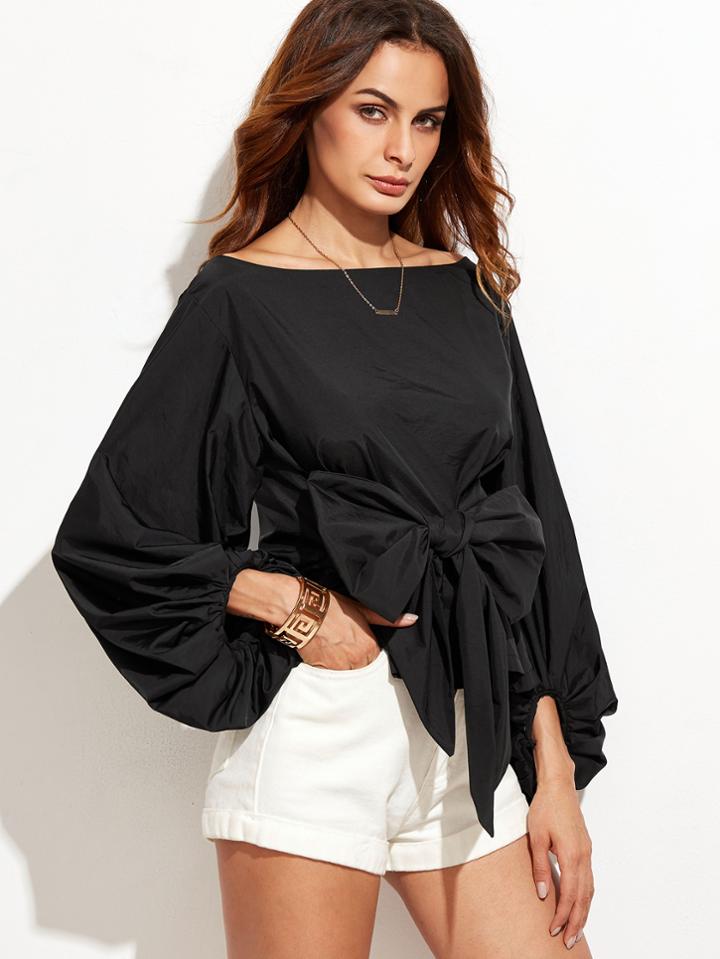 Shein Black Boat Neck Lantern Sleeve Bowknot Blouse