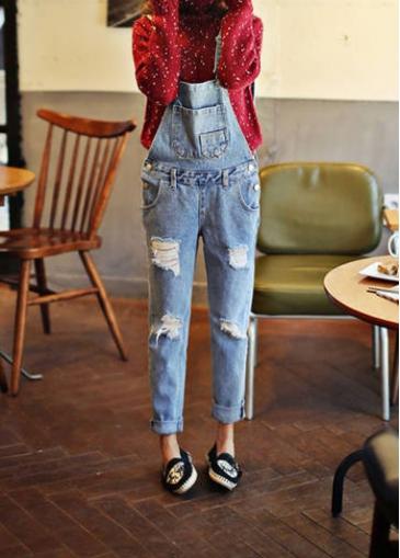 Rosewe Light Blue Ripped Design Pocket Embellished Suspender Jeans