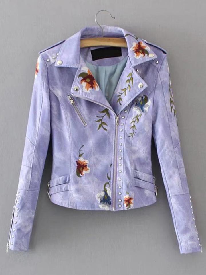 Shein Studded Detail Embroidery Pu Biker Jacket