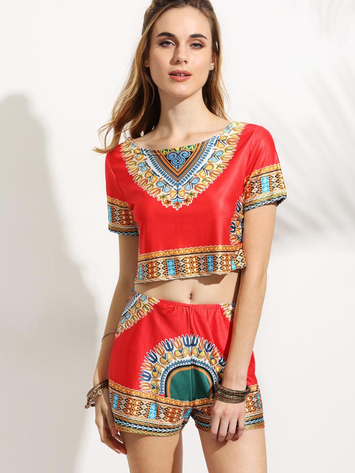 Shein Dashiki Crop Top With High Waist Shorts