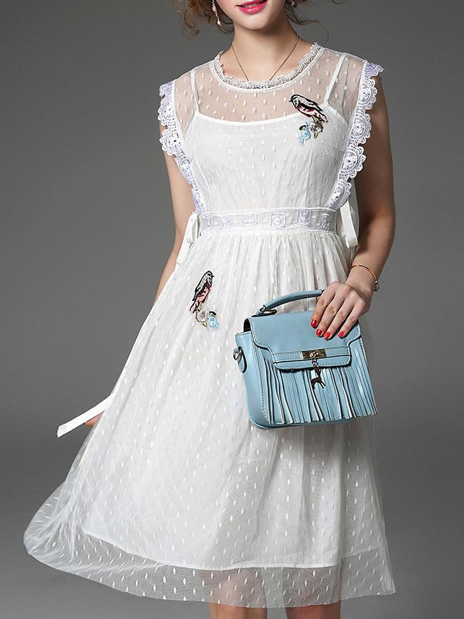 Shein White Polka Dot Bird Embroidered Lace Up Dress