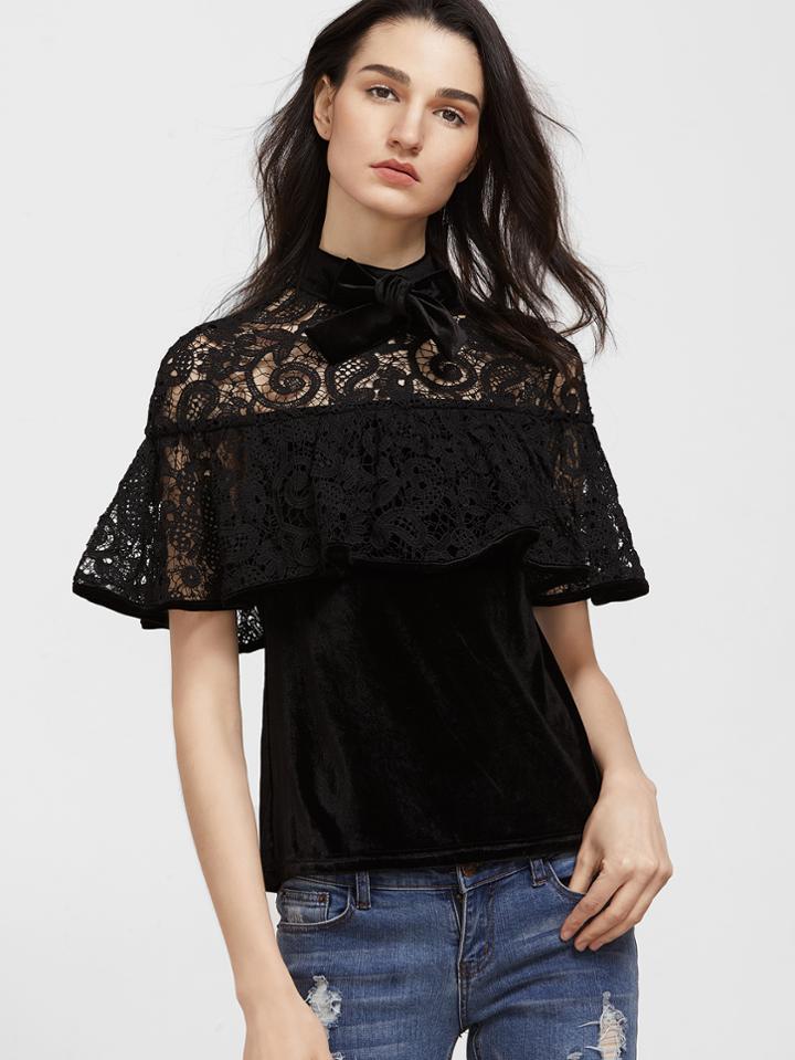 Shein Black Bow Neck Crochet Shoulder Ruffle Velvet Top
