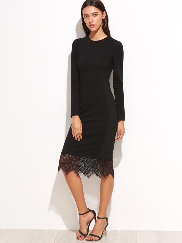 Shein Black Lace Trim Long Sleeve Pencil Dress