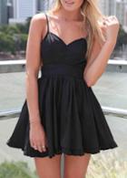 Shein Black Spaghetti Strap Pleated Flare Slip Dress