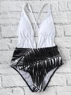 Shein Two Tone Leaf Print Plunge Neck Monokini