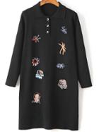 Shein Black Embroidery Lapel Knit Dress With Button