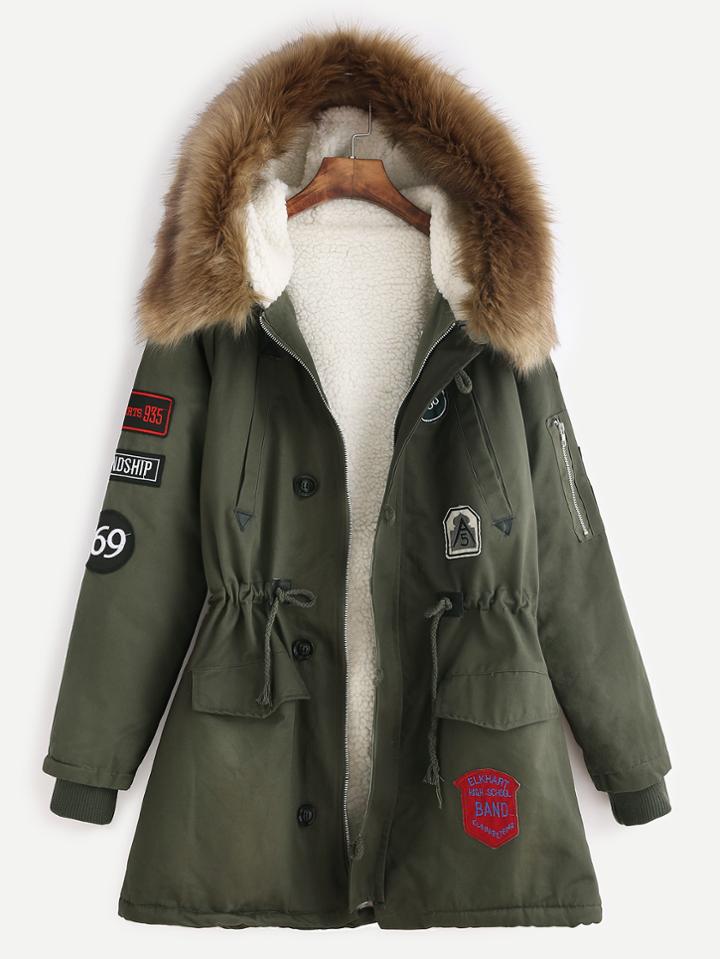 Shein Patches Drawstring Hooded Faux Fur Trim Parka