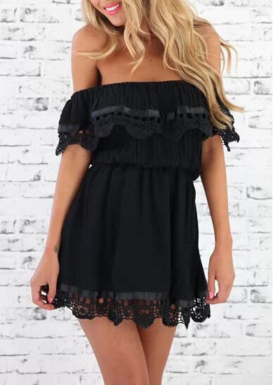 Shein Black Off The Shoulder Lace Scalloped Casual Dress