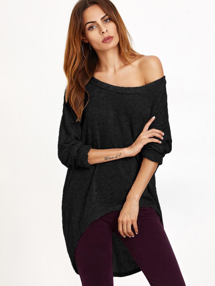 Shein Black One Shoulder Dip Hem T-shirt