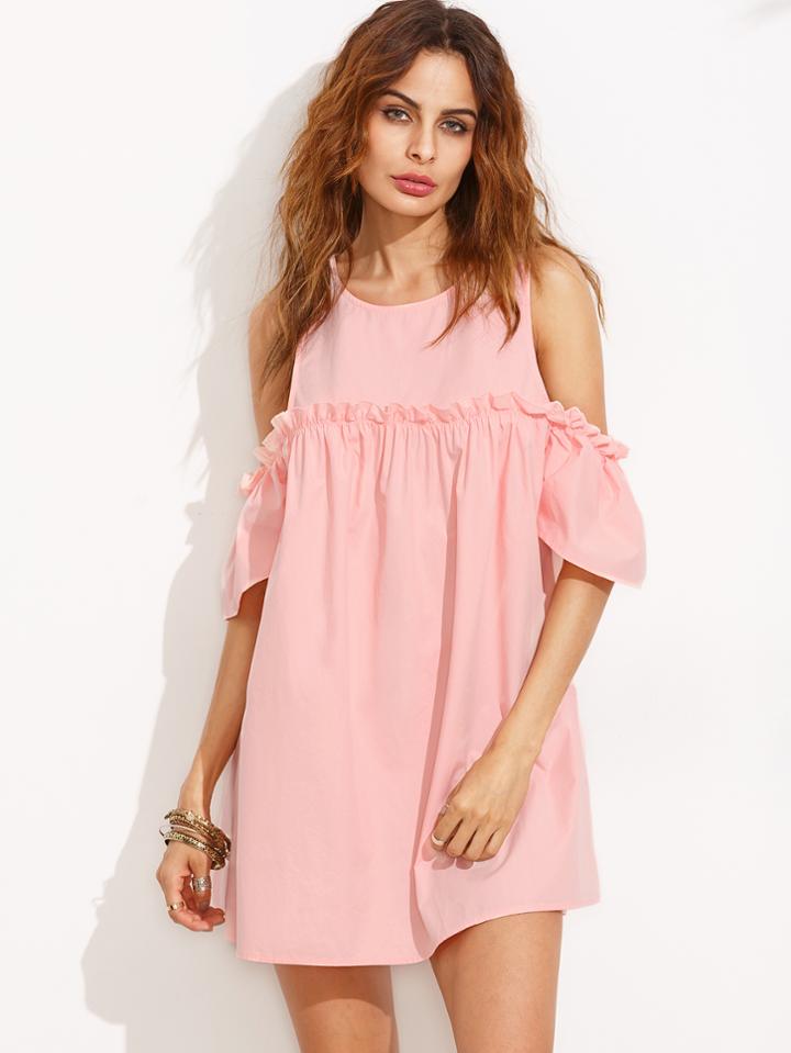 Shein Pink Ruffle Cold Shoulder Shift Dress
