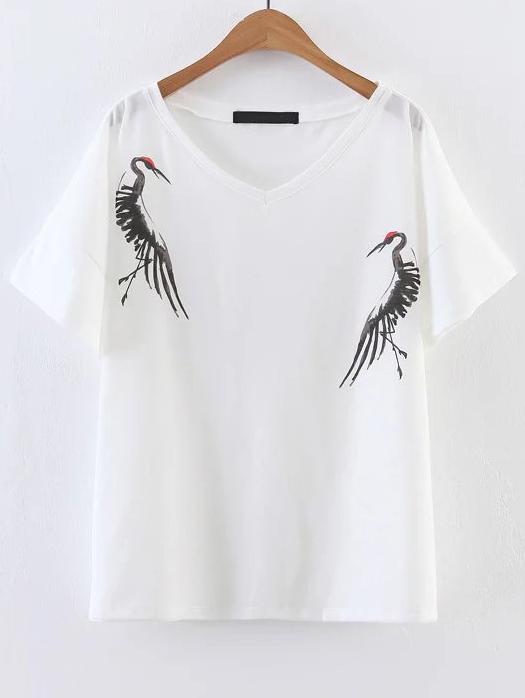 Shein White Crane Print V Neck Tee