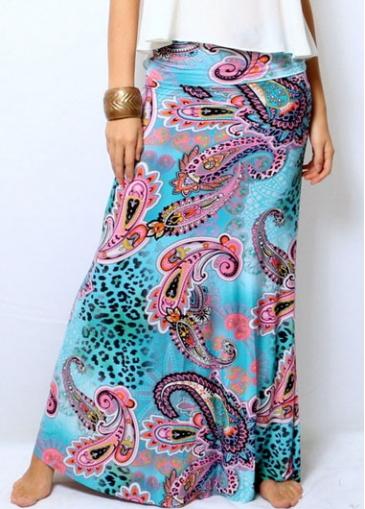 Rosewe Tribal Print Blue Band Waist Maxi Skirt