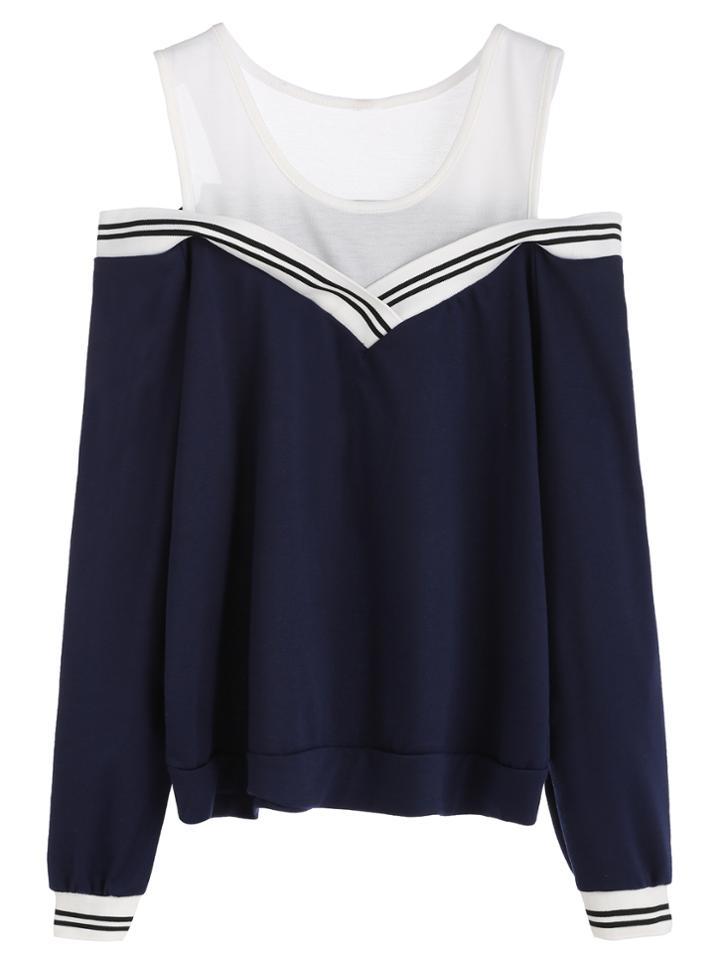 Shein Navy Contrast Cold Shoulder Striped Sweatshirt