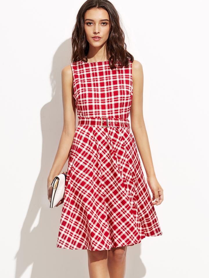 Shein Red Plaid Zipper Back A-line Dress With Belt