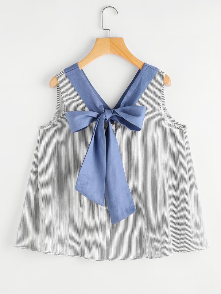 Shein Contrast Trim Bow Tie Back Vertical Pinstriped Top