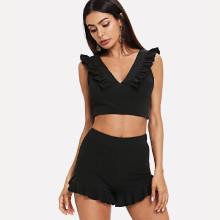 Shein Zip Back Frill Trim Crop Top & Shorts Set