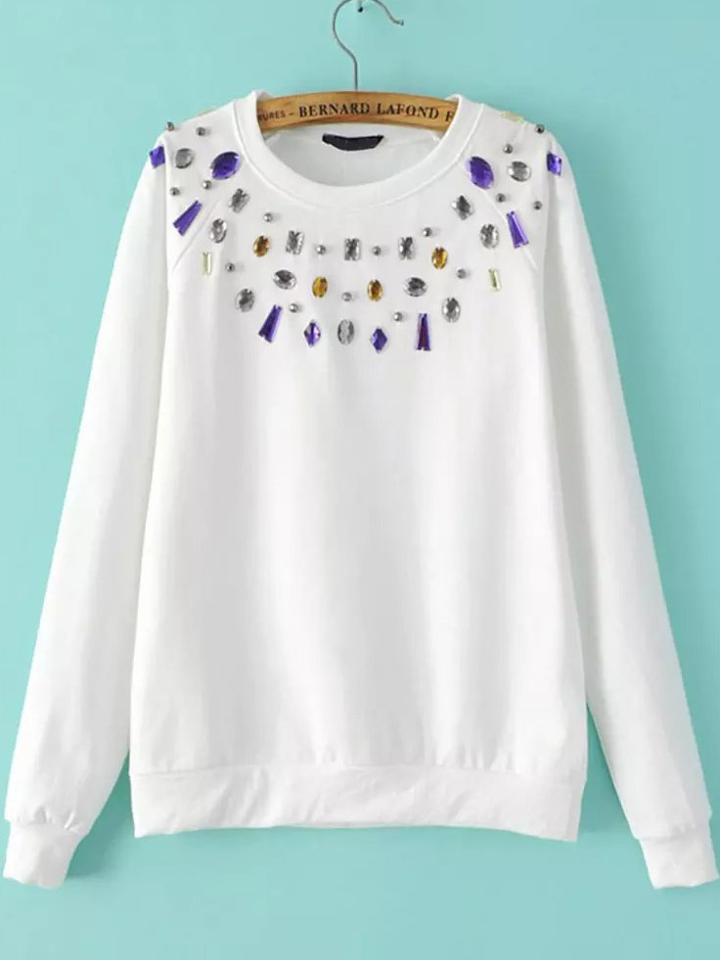 Shein White Rhinestone Raglan Sleeve Sweatshirt
