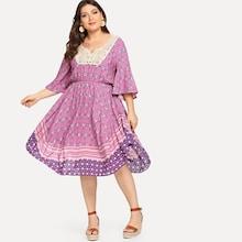 Shein Plus Flare Sleeve Lace Insert Curved Hem Dress