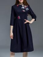 Shein Navy Butterfly Jacquard Embroidered Dress