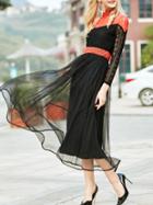 Shein Black Contrast Orange Mesh Lace Gauze Dress