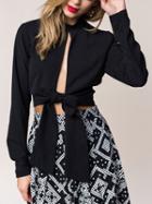 Shein Black Long Sleeve Knotted Crop Blouse