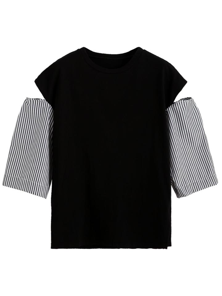 Shein Black Open Shoulder Contrast Striped Sleeve T-shirt