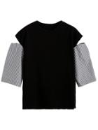 Shein Black Open Shoulder Contrast Striped Sleeve T-shirt