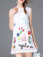 Shein White Gauze Embroidered Sequined Shift Dress