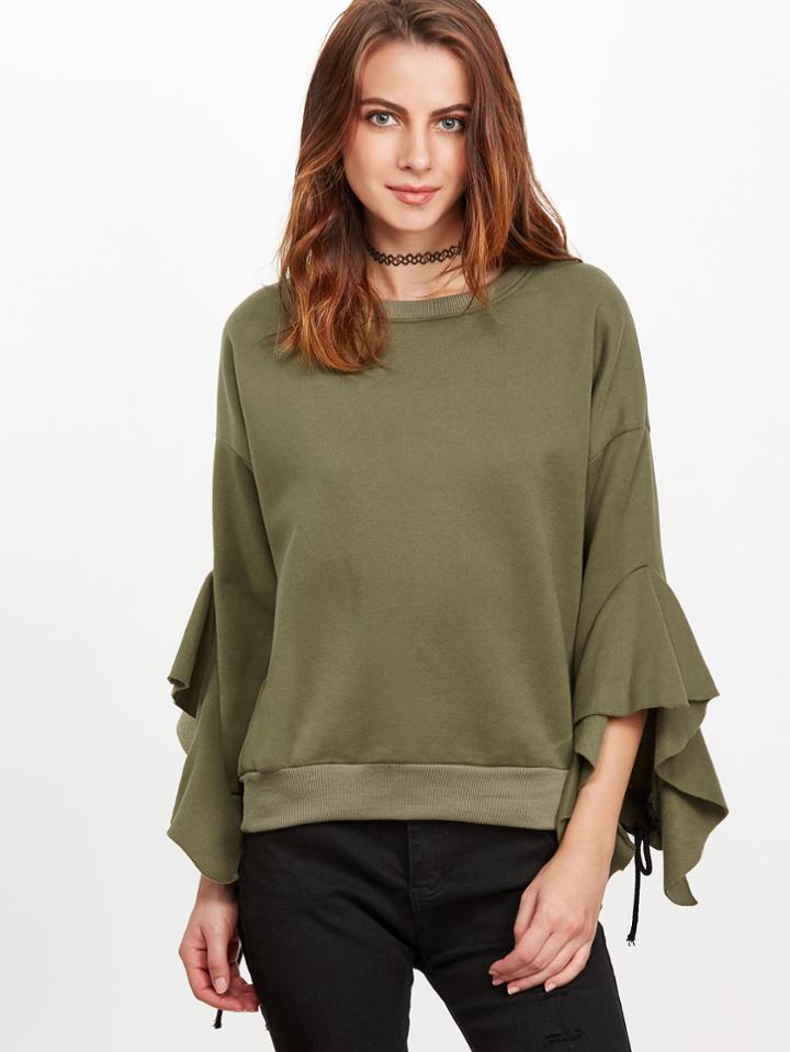 Shein Army Green Drop Shoulder Lace Up Ruffle Sleeve Sweatshirt