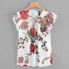 Shein Plus Lace Up V Neck Floral Ruffle Top