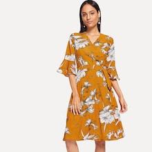 Shein Bell Sleeve Botanical Wrap Dress