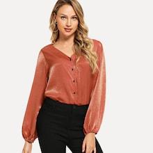 Shein V-neck Lantern Sleeve Satin Blouse