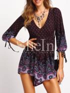 Shein Purple V Neck Self-tie Cuff Vintage Print Romper