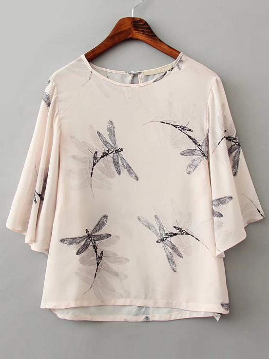 Shein Dragonfly Print Crop Blouse
